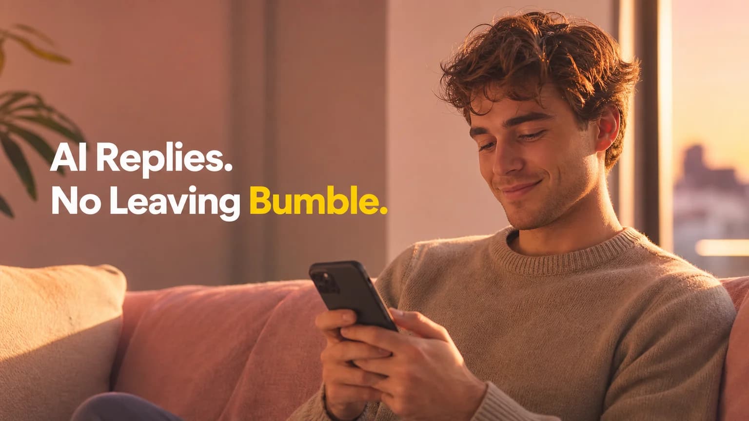 SLIDD AI reply for Bumble: man smiling at his iPhone while the keyboard writes his message