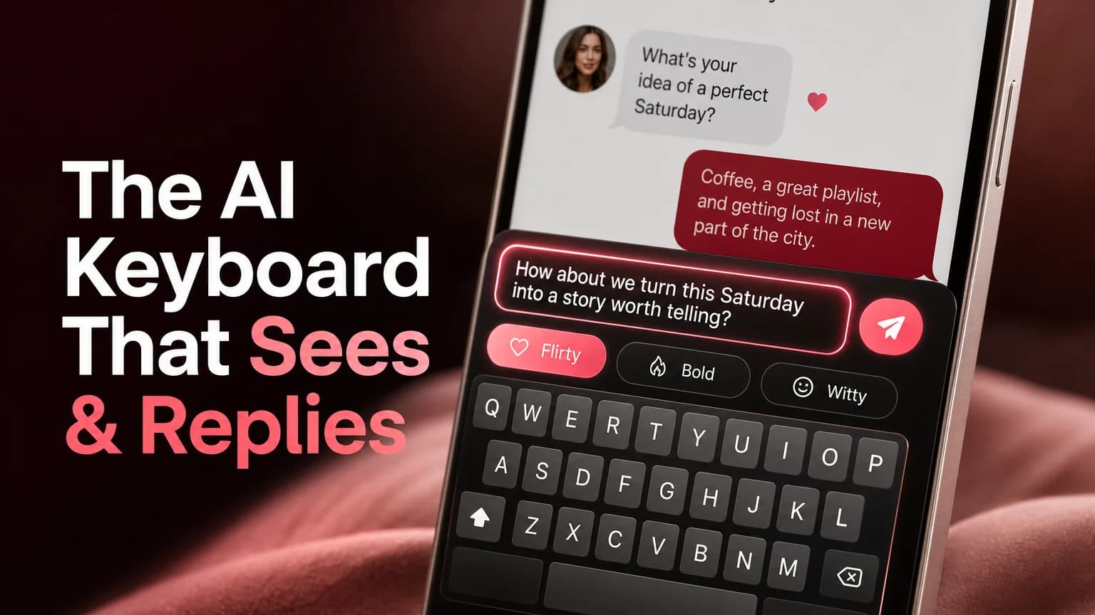 SLIDD AI keyboard showing the best AI for dating replies with Flirty, Bold and Witty tone badges over a dating chat