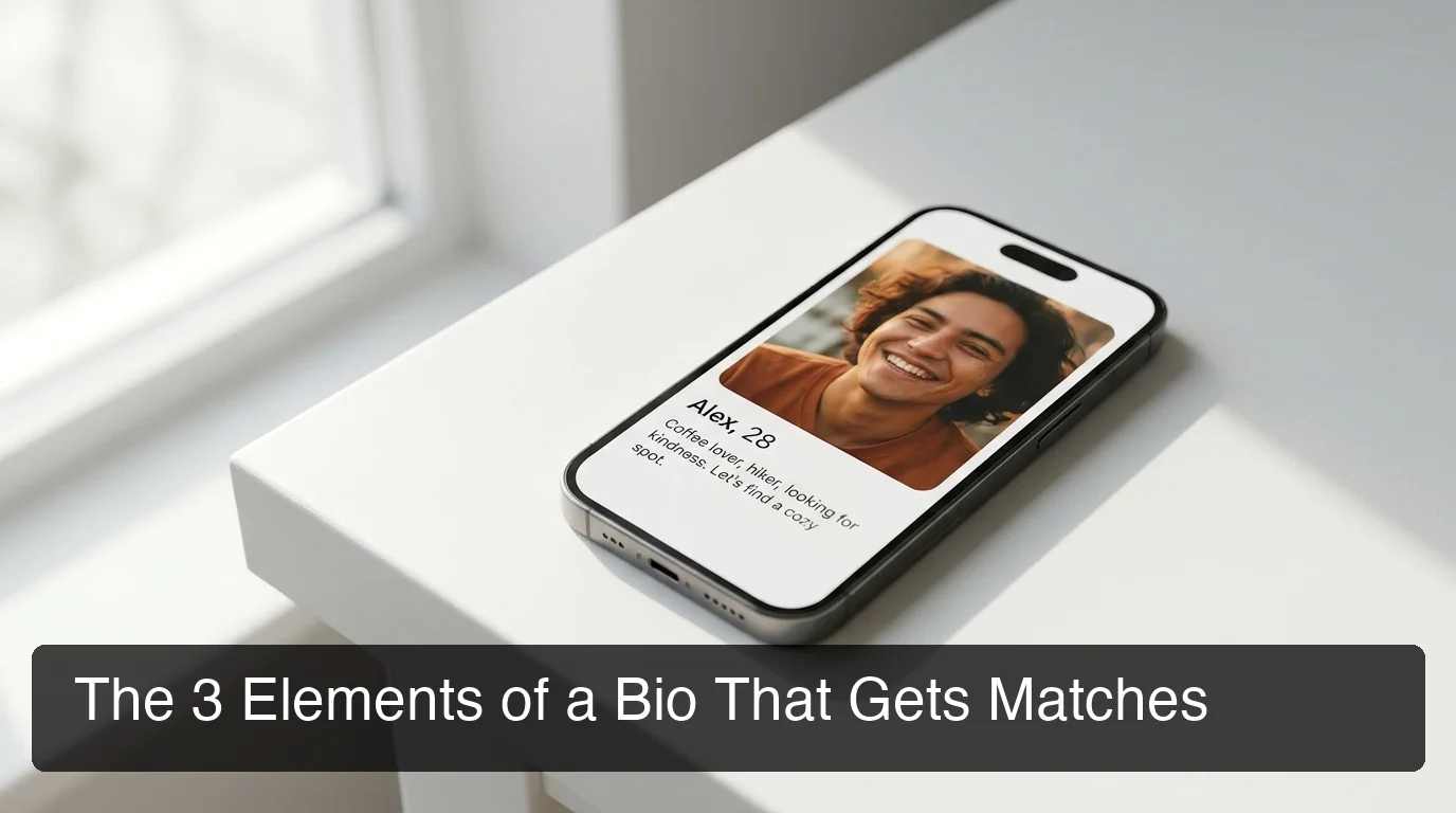 good tinder bio for guys — smartphone screen displaying a Tinder profile card with a confidence-radiating bio, clean editorial style