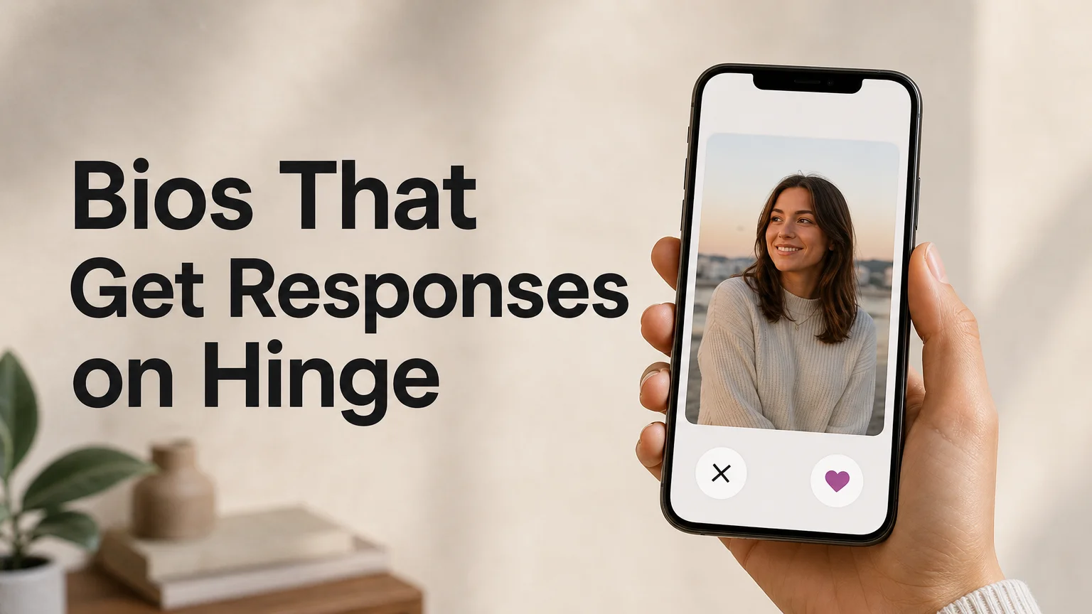 Hinge bio examples for guys shown on a phone profile card with the headline Bios That Get Responses on Hinge