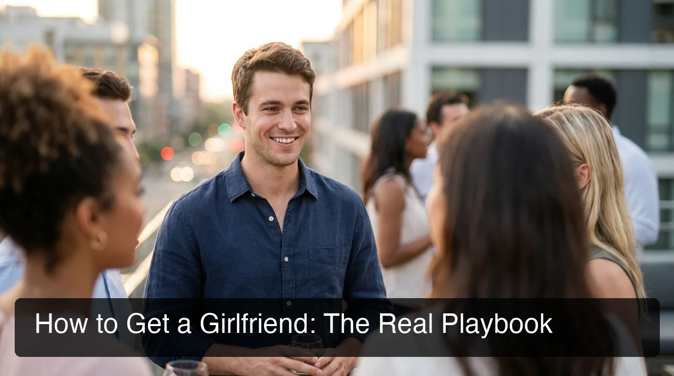 How to get a girlfriend — confident man in genuine social scenario, warm natural lighting