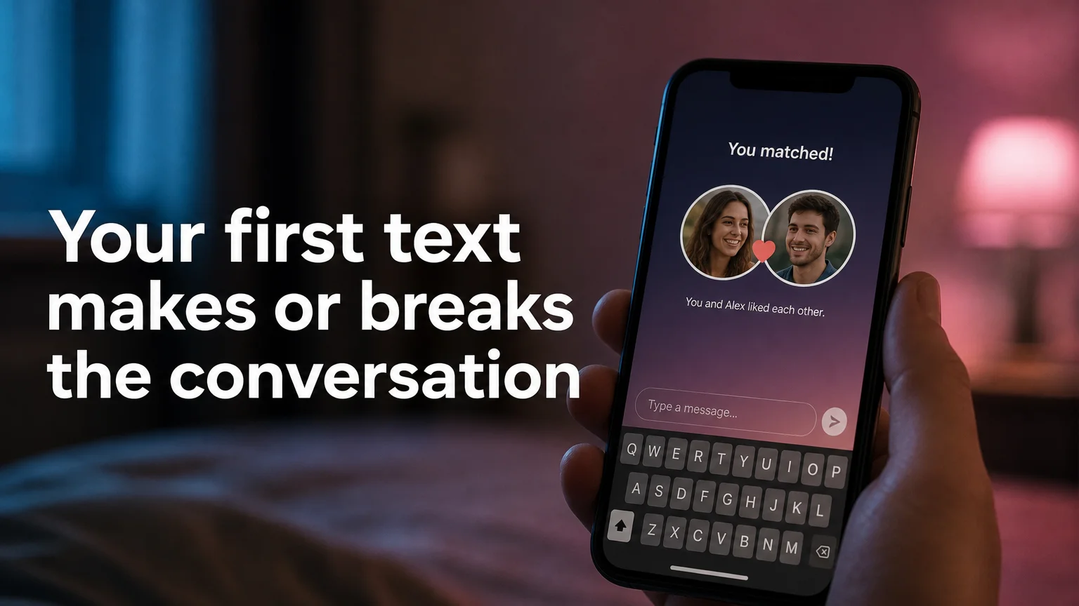 SLIDD AI how to text a girl first: dating app match screen with an empty message field and keyboard