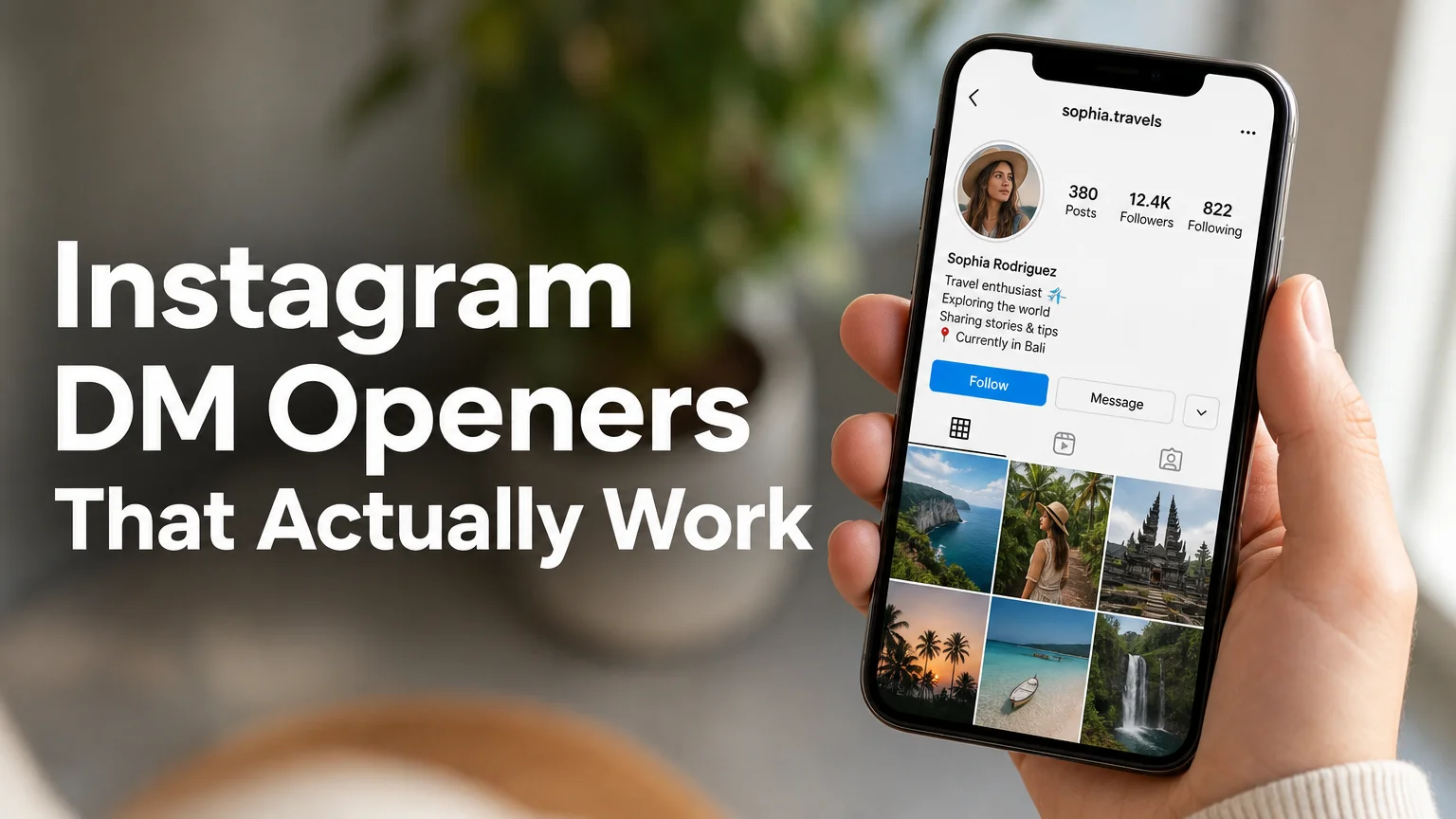 instagram dm openers guide from SLIDD AI — phone showing an Instagram profile with a clean mobile UI, hero image