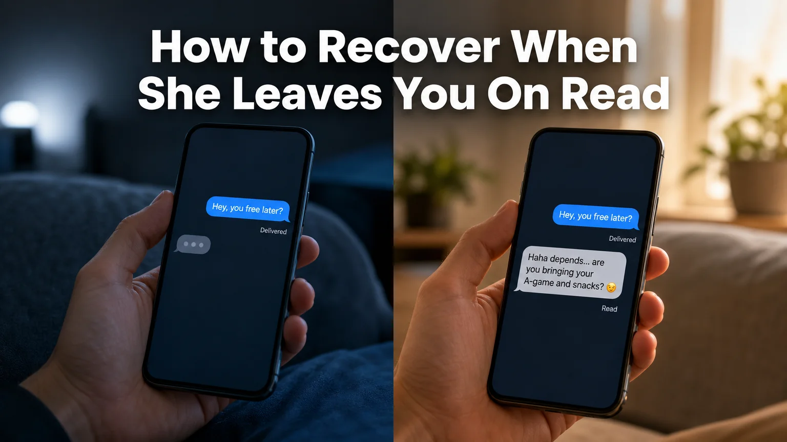 SLIDD AI left on read recovery shown as a split phone screen, blank reply on the left and a landed reply with read receipt on the right