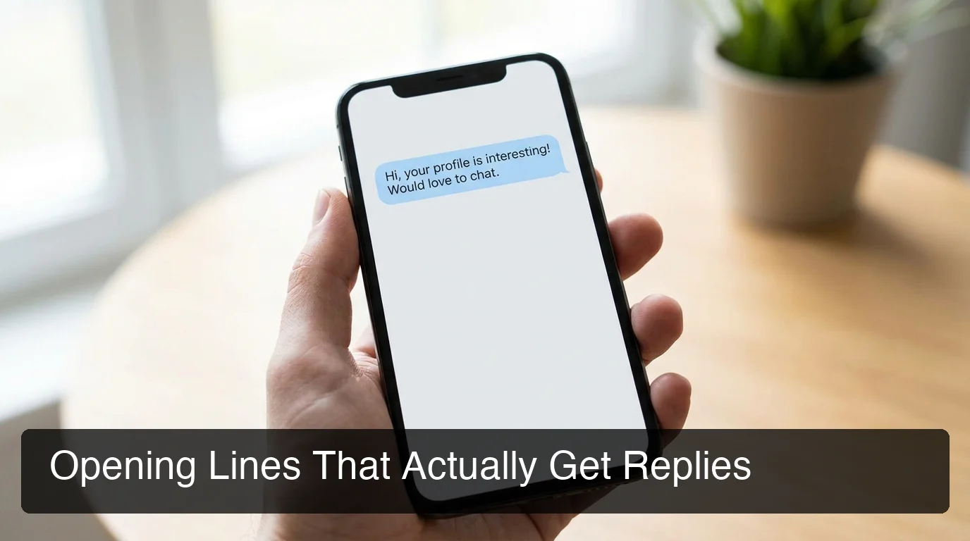 Opening lines on dating apps hero — chat screen with a personalized first message getting a reply