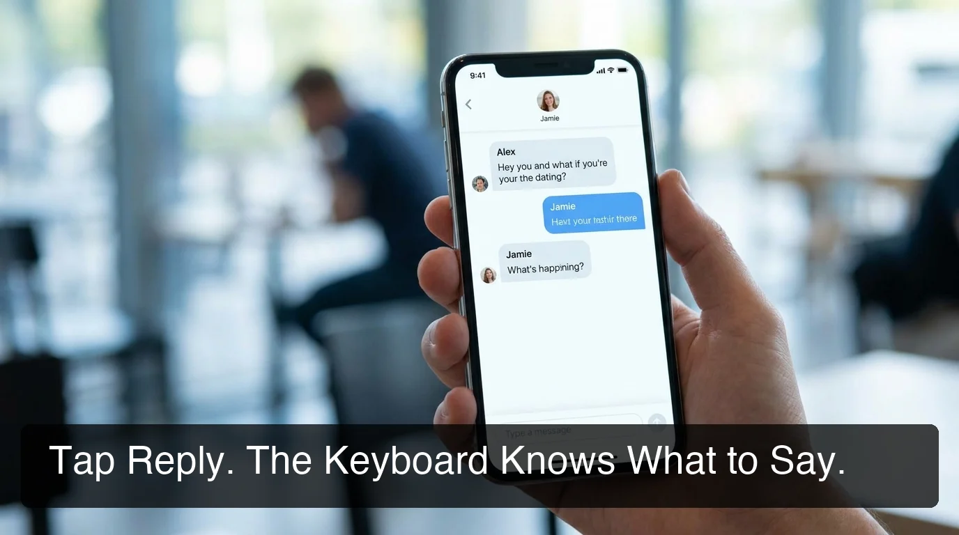 SLIDD rizz keyboard interface shown as a phone screen mid dating-app conversation with a reply ready to send