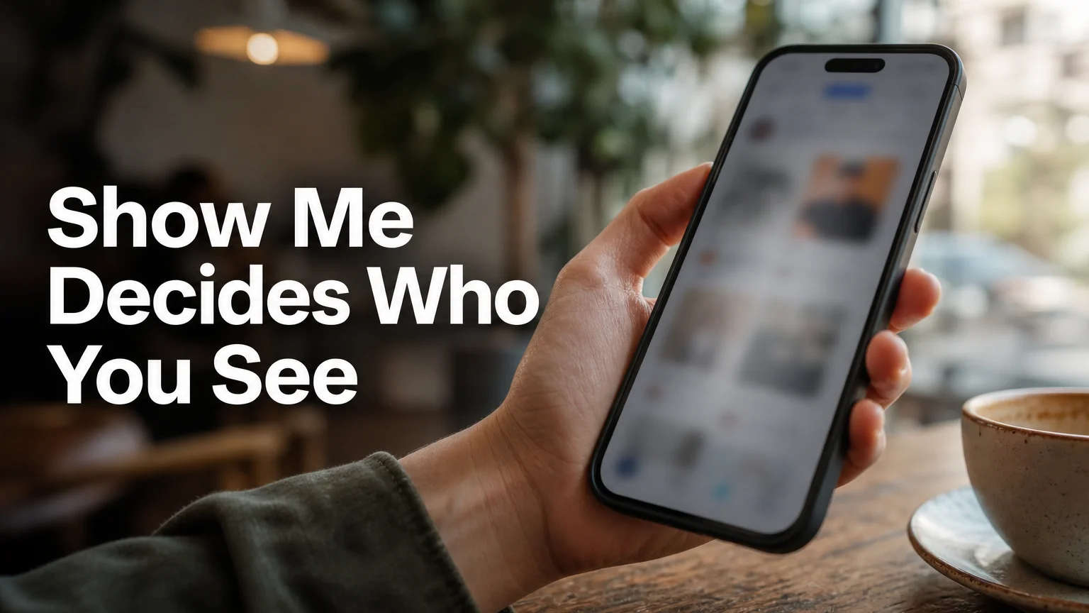 Hand holding a phone with the Tinder show me on Tinder setting, SLIDD AI dating keyboard guide