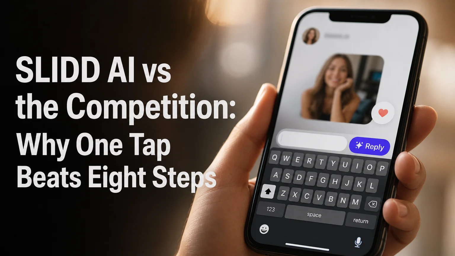 SLIDD AI alternatives compared on a smartphone showing the SLIDD keyboard Reply button over a blurred dating app chat