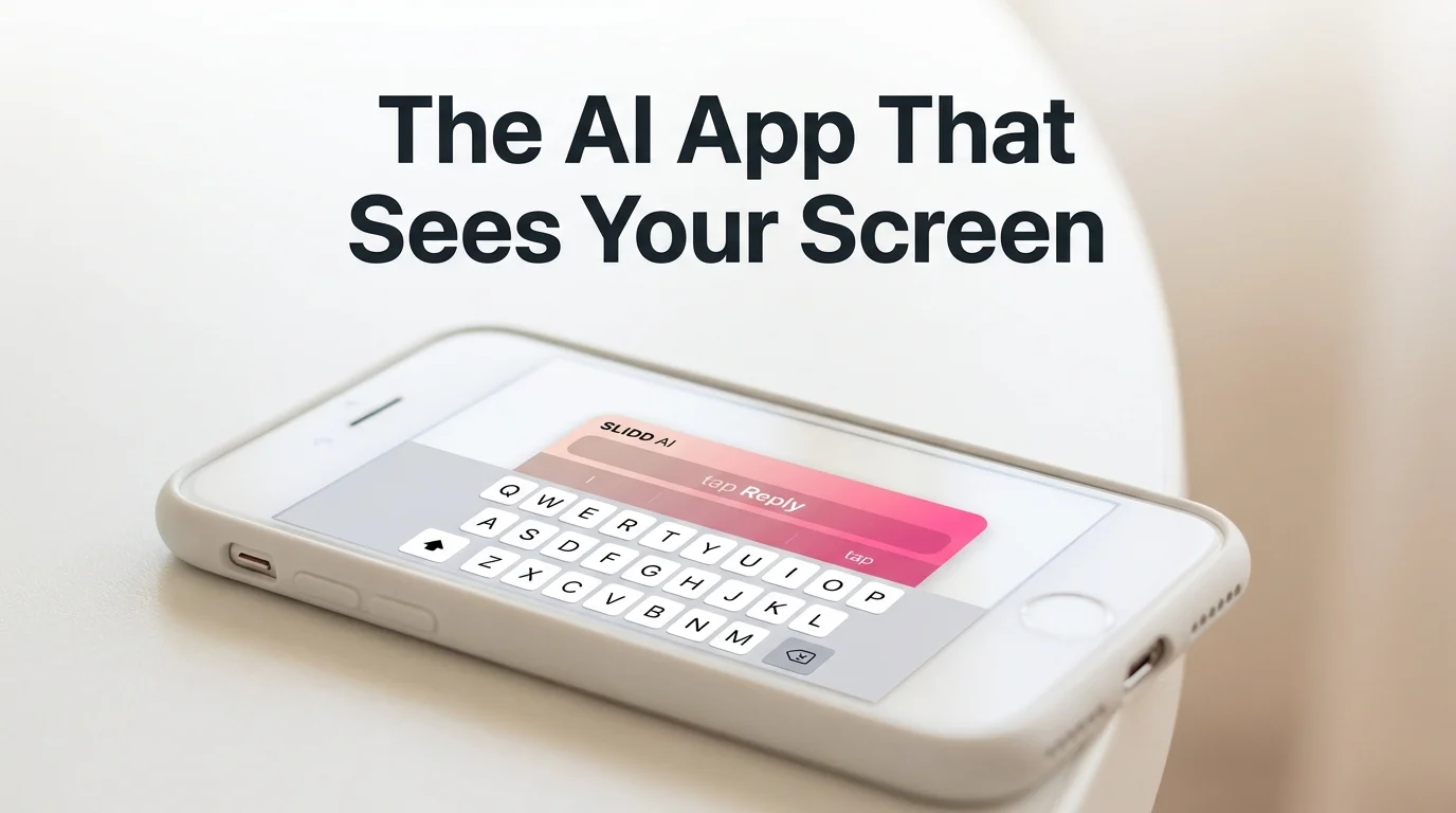 SLIDD AI app shown as an iOS system keyboard with a tap Reply button on an iPhone screen