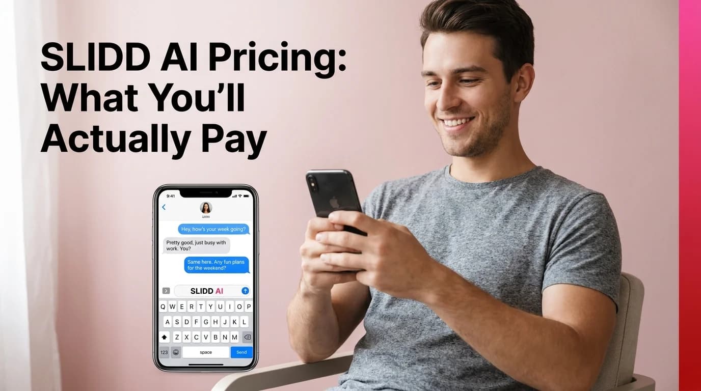 SLIDD AI pricing shown as a man checking a Hinge-style conversation with the SLIDD AI keyboard open on his iPhone