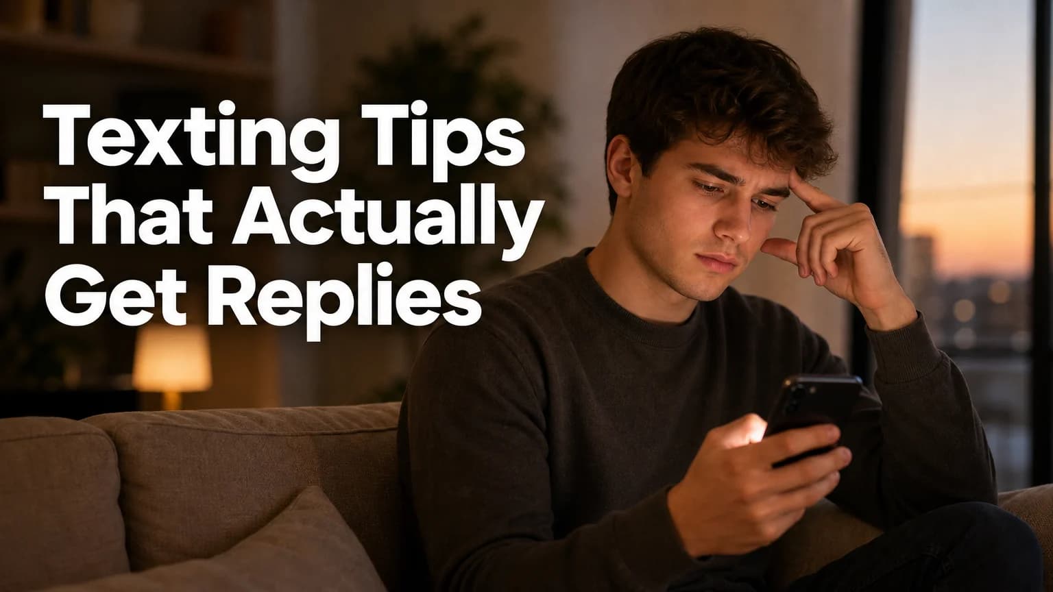 texting a girl tips: a guy on a couch thinking over a message on his phone, SLIDD AI hero