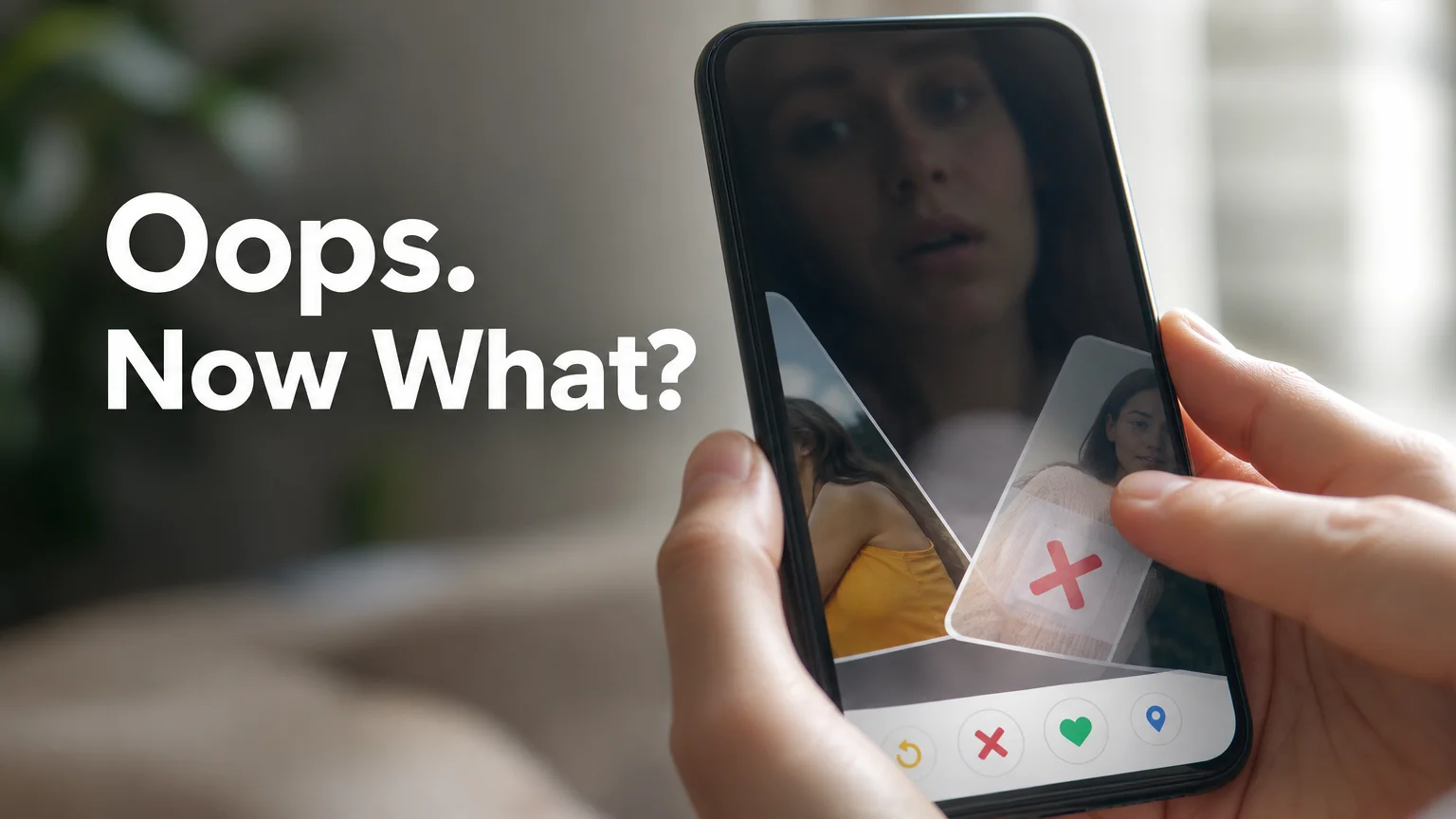 Tinder accidentally swiped left shown on a phone screen mid-swipe with an X and heart button visible