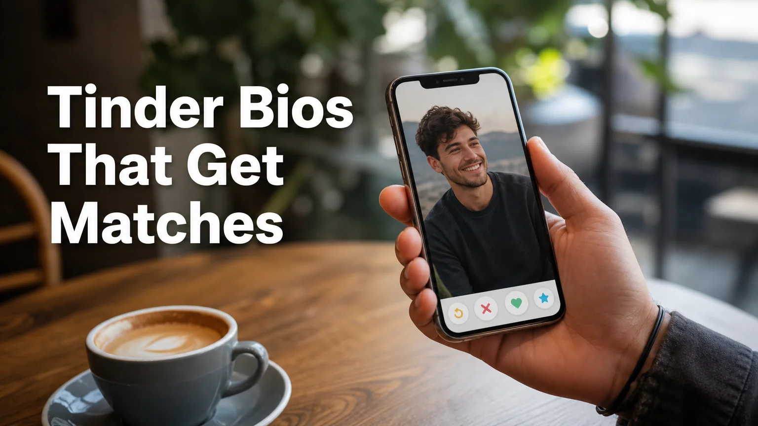 sliddai tinder bio ideas guys: a hand holding a phone with a dating profile at a coffee shop