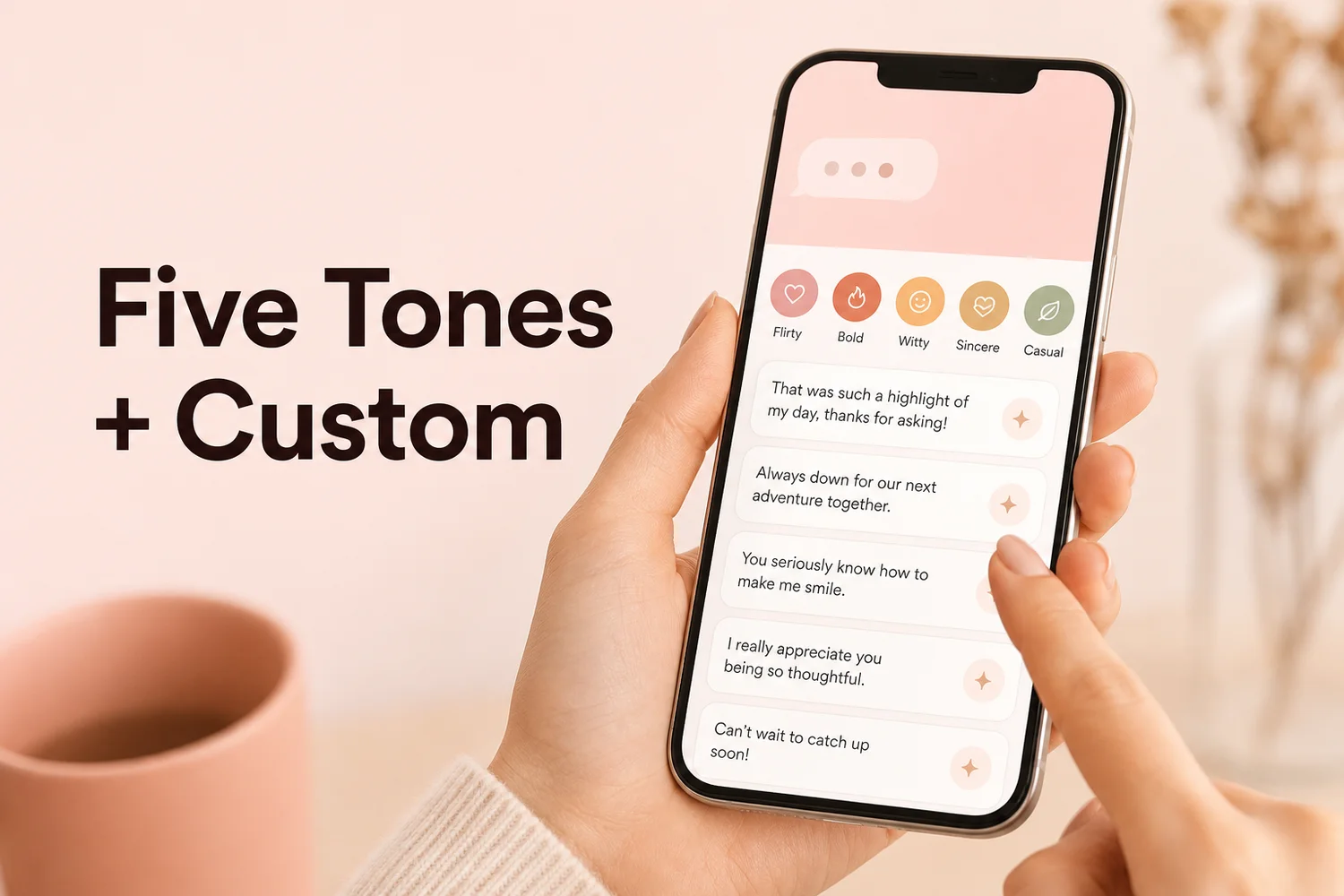 SLIDD tone selector showing Flirty, Bold, Witty, Sincere and Casual presets with sample reply cards