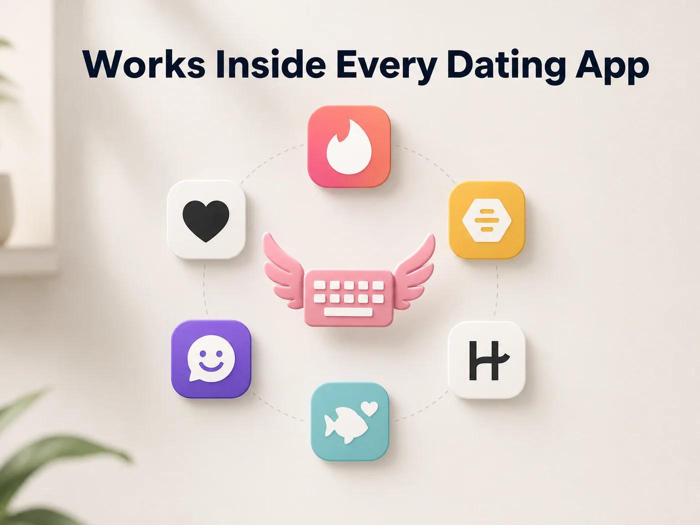 SLIDD AI keyboard icon surrounded by Tinder, Bumble, Hinge, Plenty of Fish and other dating app icons