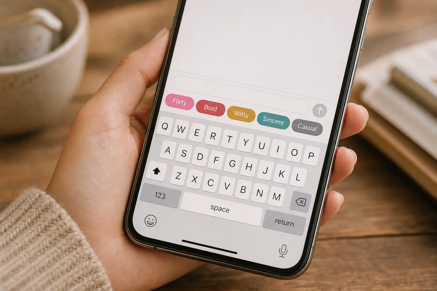 SLIDD AI keyboard showing five dating tone presets: Flirty, Bold, Witty, Sincere and Casual