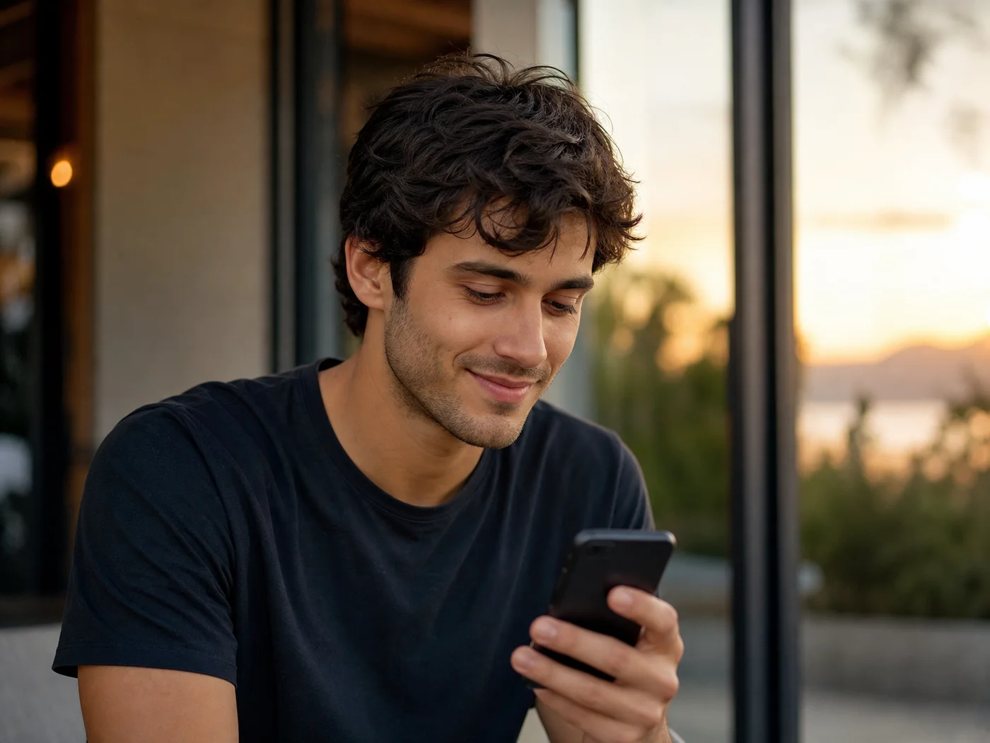Confident guy looking at his phone after a Hinge match notification, warm evening light