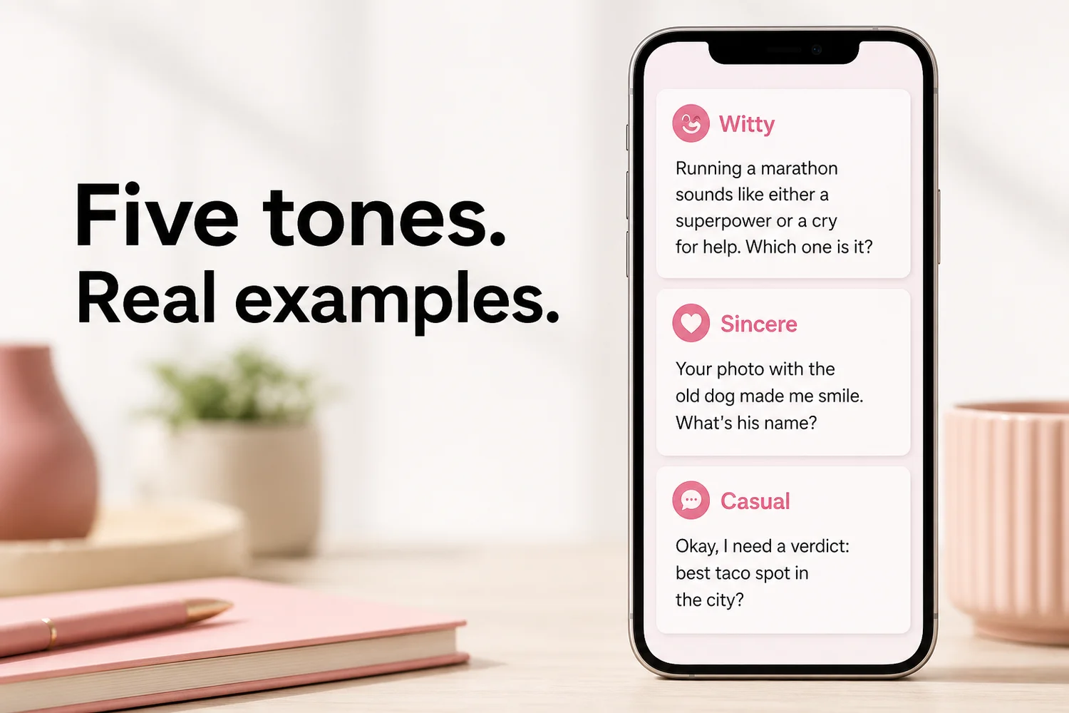 Four first text message examples by tone shown as cards on a phone, a how to text a girl first reference