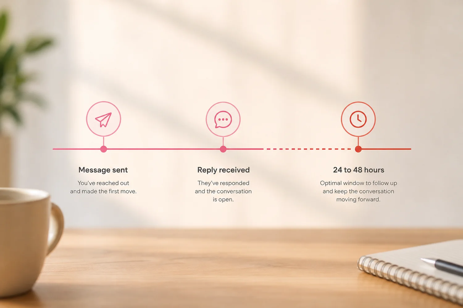 Timeline graphic of a first text conversation: message sent, reply received, then a 24 to 48 hour follow-up window, for how to text a girl first