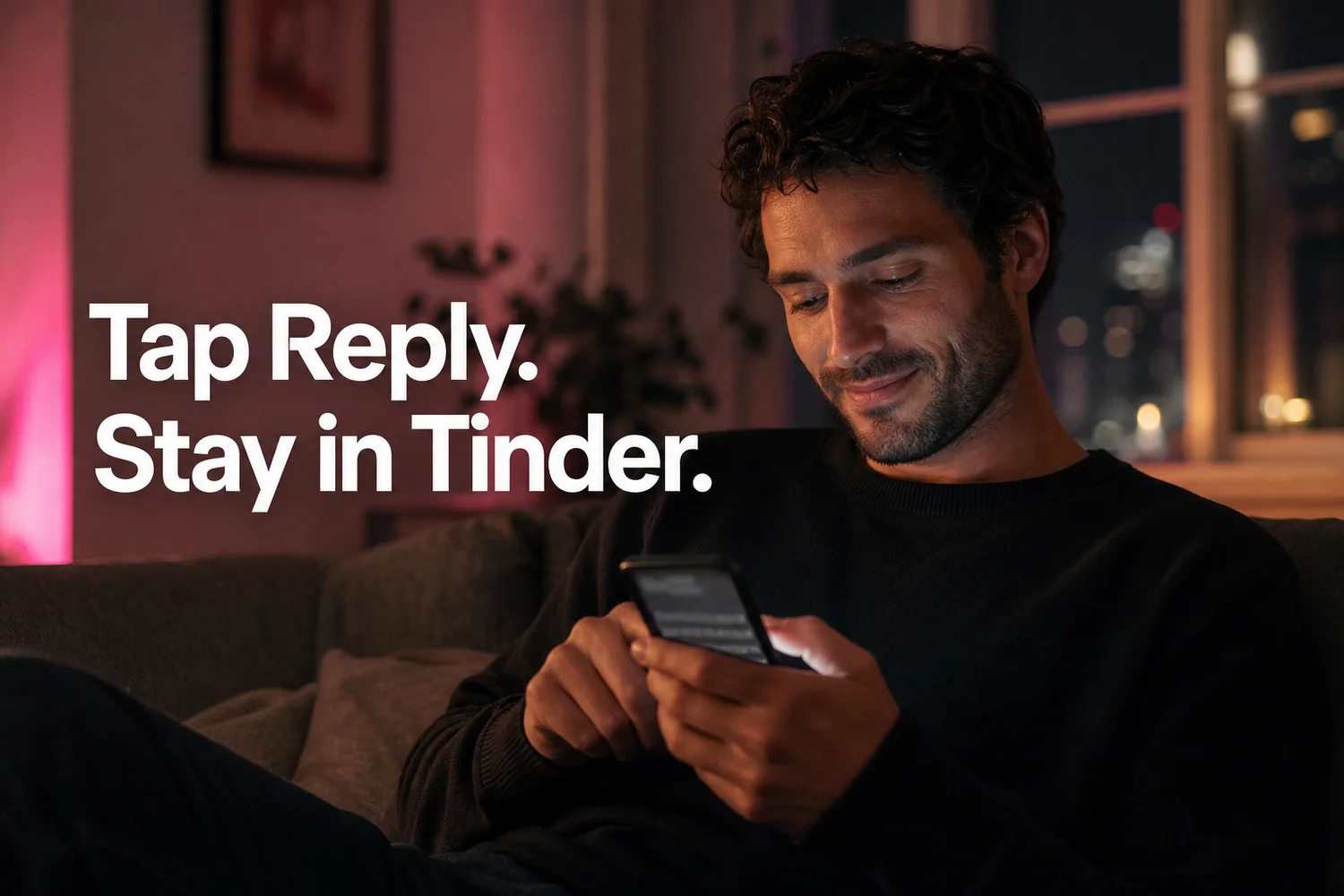 Man replying to a Tinder match using the SLIDD AI keyboard at night, illustrating a reply written without leaving the app